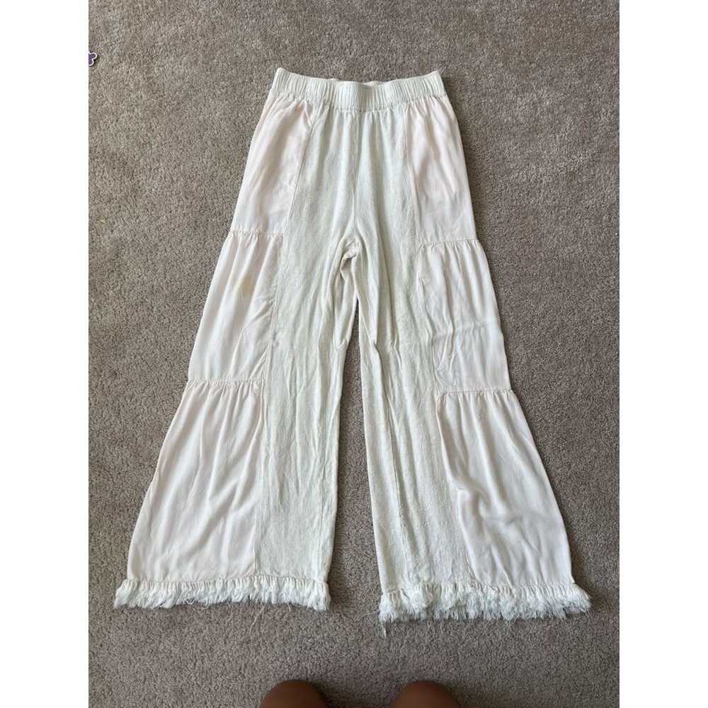 Umgee Womens Linen Cotton Blend Tiered Wide Leg Fringed Boho Pants Cream Small